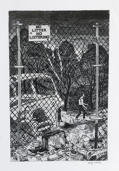 Drawing depicting a broken down car and a man behind a wire fence, with a sign saying No Litter, No Loitering