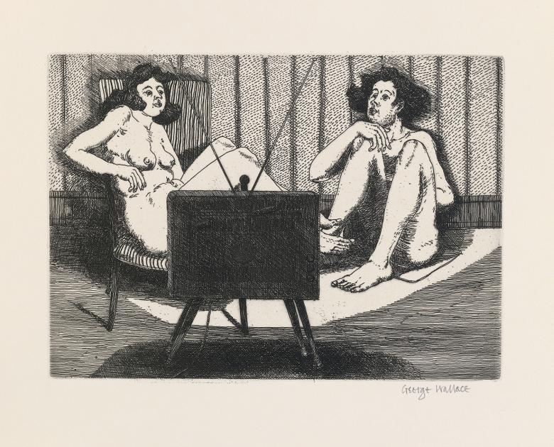 Two naked figures set looking at a television set in front of them, which illuminates them