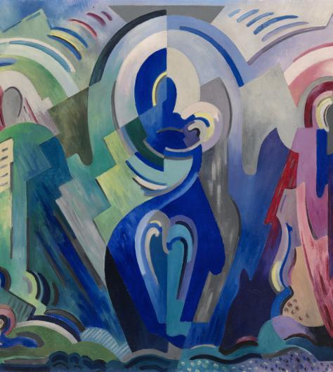 Cubist image of three figures in green, blue and red.