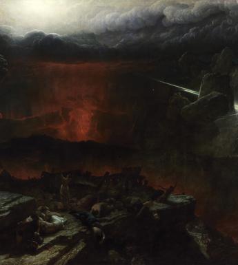Dramatic oil painting of an apocalyptic landscape with lightening striking and lava flowing
