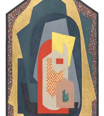 Abstract composition of shapes in a frame shaped like an altarpiece