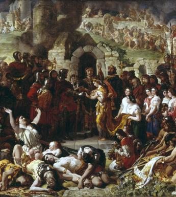 Dramatic oil painting crowded with people, with a man in armour and a woman at centre being married by a priest.
