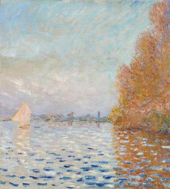 Impressionistic landscape painting of a a river, trees on the riverbank, buildings on the horizon and a white sailboat.