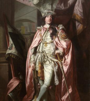 Full length portrait of man wearing a pink cape and ostrich-feather hat