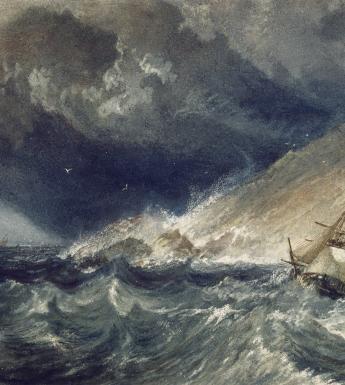 Stormy seascape painting with ship against a large rock and dark stormy clouds in the sky