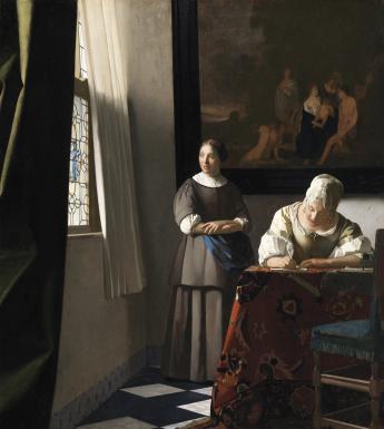 Oil painting of a woman writing a letter at a table with a maid standing beside her