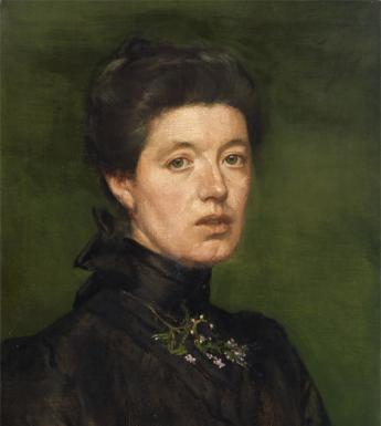Naturalistic half-length portrait of a pale woman with her dark hair pinned up and wearing a high-necked black blouse with floral detailing at the throat