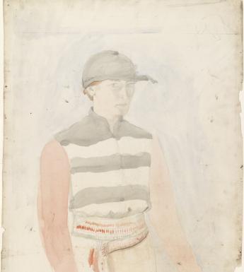 Muted-coloured painting of a woman wearing a striped jockey's outfit