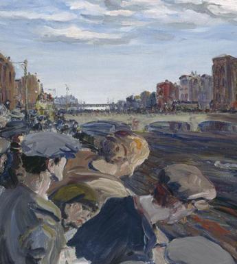 Oil painting of spectators crowding along the quays of the River Liffey watching a swimming race