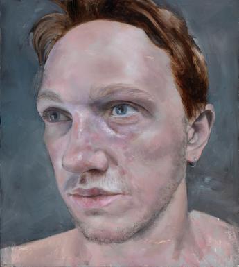Close-up painted portrait of a young Caucasian man with brown hair