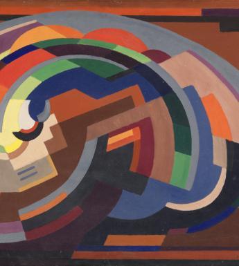 Abstract painting of concentric shapes in various orange, blue and green tones.