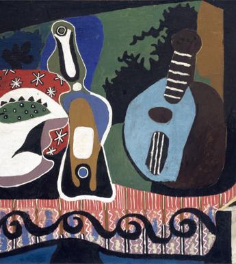 Cubist still life painting of a mandolin, bottle, and other objects on a table