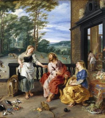 A seated figure of Jesus speaking to two women in a courtyard filled with deer and exotic animals.
