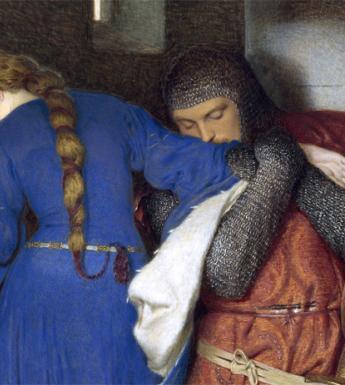 Watercolour of a man in a suit of armor grasping the arm of a woman in a blue dress with long plaited hair.