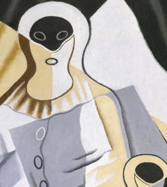 Cubist painting of a pierrot in shades of grey, yellow, white and black