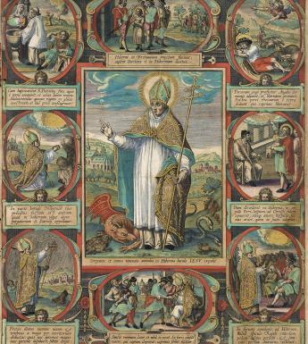 A colourful comic-book-style print of Saint Patrick at centre, surrounded by 8 vignettes of scenes from his life accompanied by texts.
