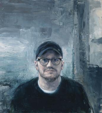 Painted head-and-shoulders portrait of Lenny Abrahamson wearing glasses and a baseball cap against a textured grey background.