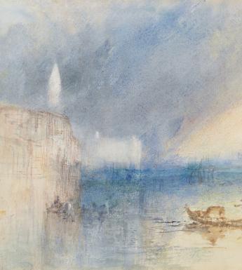 A watercolour by J.M.W. Turner showing purple storm clouds at the mouth of the Grand Canal in Venice and a gondola in the foreground.