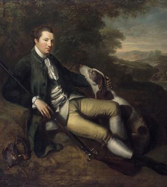 Painted portrait of a nobleman reclining in a leafy landscape, petting a brown and white gun dog and holding a gun, with a pair of dead pheasants on the ground.