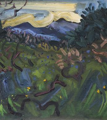 Expressionistic painting of a landscape with purple mountains in the distance and grass and yellow flowers in the foreground.