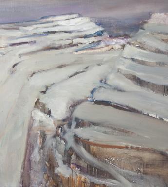 An oil painting of bare, folded rock on Mullaghmore