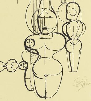 Print of overlapping geometric human figures depicted with think black outlines