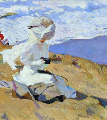 Oil painting of a woman in white on a beach holding a camera