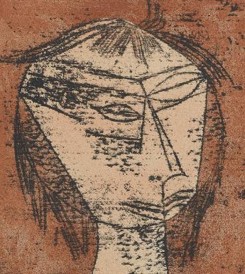 Stylised print of a human head against a rust-red background