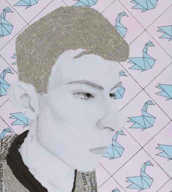 Against a repeated background of pale blue origami swans on pink we see a young man in profile. His hair and his t-shirt is made up of a collage of newspaper print.