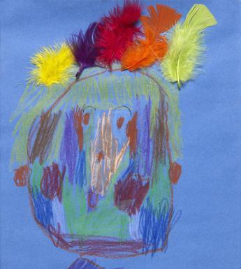 A crayon portrait of a large head on blue paper, with a colourful array of feathers added in where the hair might normally be.