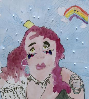 A portrait of a woman with pink hair, dressed in a green sleeveless top which shows a tattoo on her left shoulder and arm. She has jewels under her eyes, and in the blue background there is a rainbow and a constellation of small lights