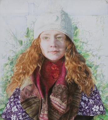 A young woman facing us, with her hands (in woolen mittens) clasped in front of her. She is wrapped in a number of different scarves, and wears a white wool hat. Her long auburn hair falls over her shoulders, and behind her there is green foliage.  