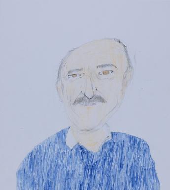 A half-length portrait of a man wearing a blue jumper over an open necked white shirts. He has a thick, dark moustache, and his brown eyes have smile lines around them.