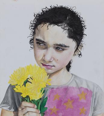 A watercolour and pencil portrait of a young dark-haired girl wearing a white t-shirt with a pink and yellow star pattern. She holds a bunch of yellow flowers close to her face, and is looking off into the distance.