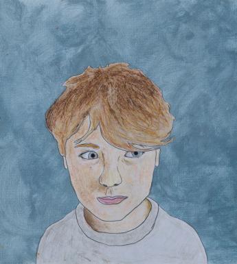 We see the head and shoulders of a young man against a blue background. He is to the left of the canvas, and his eyes are looking to the side. He wears a white round necked top, and he has thick auburn hair. rame