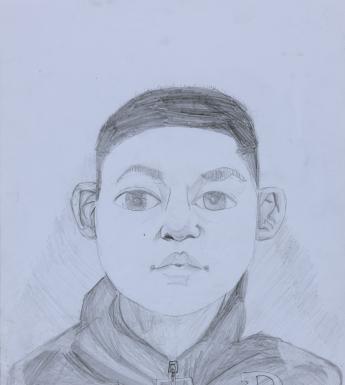 A pencil drawing of a young boy. The boy is facing the viewer directly, and has large eyes, expressive eyebrows, and has his hair cut short. He is wearing a hoodie zipped up to his neck, and we can see the words GAP across his chest.