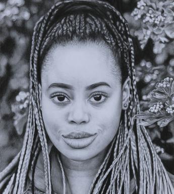 A pencil portrait of a young woman with long hair in braids which come down over her shoulders. She has large dark eyes, and is looking directly at the viewer. In the background, we can see foliage.