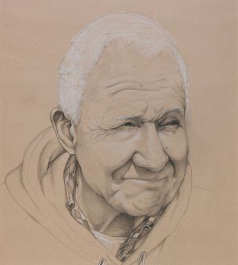 A graphite and pastel portrait of a white haired man. He has deep lines on his face, and a smile plays around his mouth. His eyes are narrowed, as though shading from the sunshine, and he looks off to the right. He is wearing a hoodie layered over a t-shirt and a shirt.