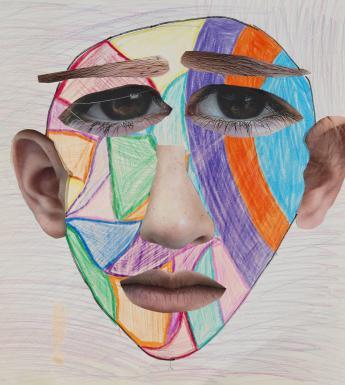 A collage, crayon and chalk portrait of a head. The head's outline is drawn in crayon, with a mosaic of different colours. The eyes, nose, ears, mouth and eyebrows have been added using collage.