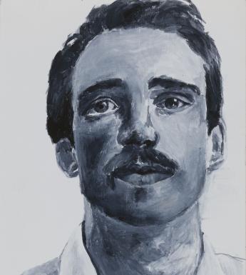 A monochromatic head and shoulders portrait of a man. He wears a white shirt, and dark hair and a moustache. His eyes are gazing up above the viewer.