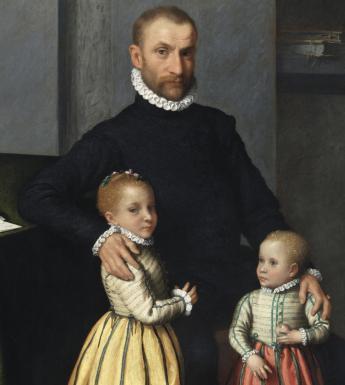 Sixteenth-century portrait in oils of a man in black posing with his arms around the shoulders of two small blonde children. tw