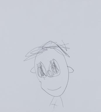 A pencil drawing of a boy - he has unruly hair, large eyes, and is smiling.