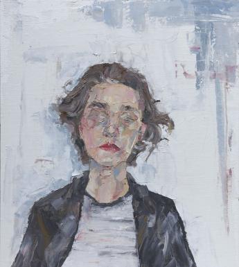 An oil portriat of a woman who is in front of a white wall. She wears a black jacket over a white tshirt, and her hair is windswept around her face, the features of which are quite abstract.