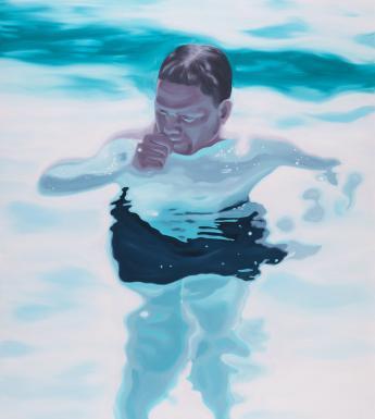 A portrait of a figure floating in water. He is submerged from his neck down, and everything except his head is slightly distorted by the water.
