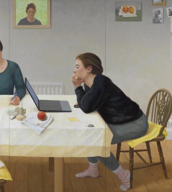 Two young people sit at a table, working. One is looking at a laptop in concentration while the other is writing. The table is filled with objects of daily life - keys, apples, a cloth, a glass of water. A small mouse is also on the table, and a cat in the right hand corner stares up at it. On the walls are family photographs and drawings. Through a doorway we see a male figure in a green jumper, and the glimpse of greenry through the window. A fourth figure is visible in a frame over the heads of the girls