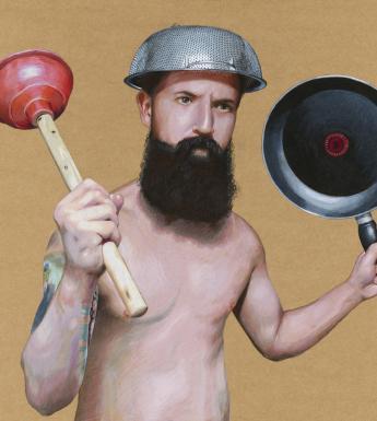 A man with a thick black beard holds aloft a toilet plunger and a frying pan. On his head he wears a colander. He is unclothed, and has a large tatoo on his right arm.
