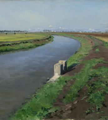 Oil painting of a canal sweeping to the left foreground, with a brown, muddy tow path to the right and hazy buildings on the horizon.