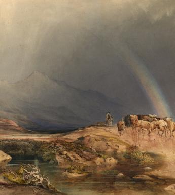 Watercolour of men herding cows through a mountainous landscape