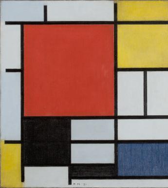 Abstract painting of a grid of grey, red, black, blue and yellow 