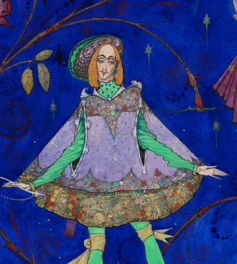 A young man in an intricate, colourful costume stands in front of a vibrant blue background with his hands outstretched.